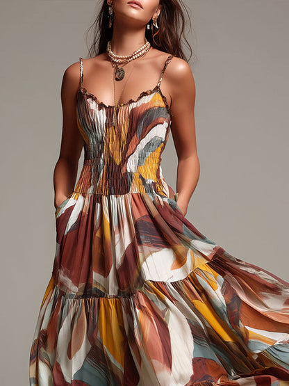 Vestido maxi bohemio con cuerpo fruncido y estampado abstracto multicolor