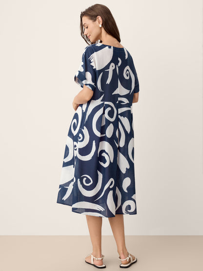 Vestido midi de lino con estampado abstracto y cintura plisada PRIYA