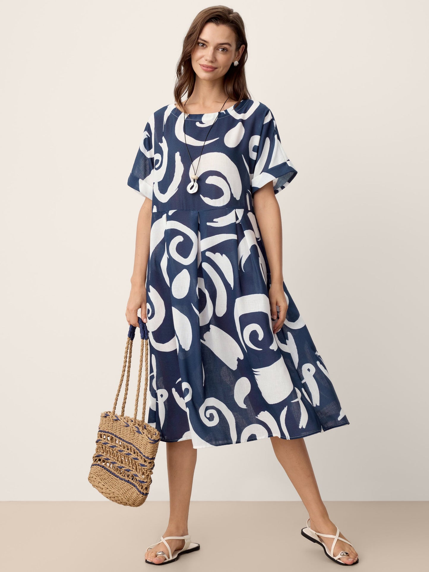 Vestido midi de lino con estampado abstracto y cintura plisada PRIYA