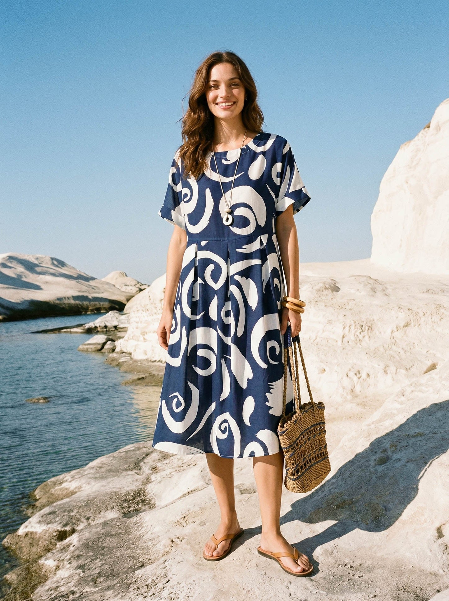 Vestido midi de lino con estampado abstracto y cintura plisada PRIYA
