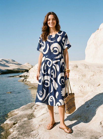 Vestido midi de lino con estampado abstracto y cintura plisada PRIYA