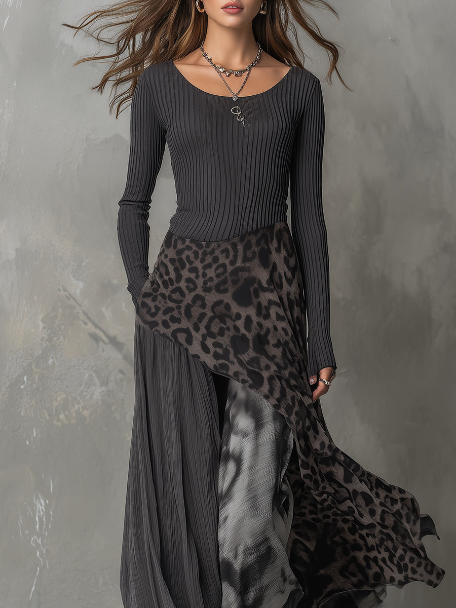 Vestido maxi bohemio con paneles en estampado de leopardo y rayas, dobladillo irregular