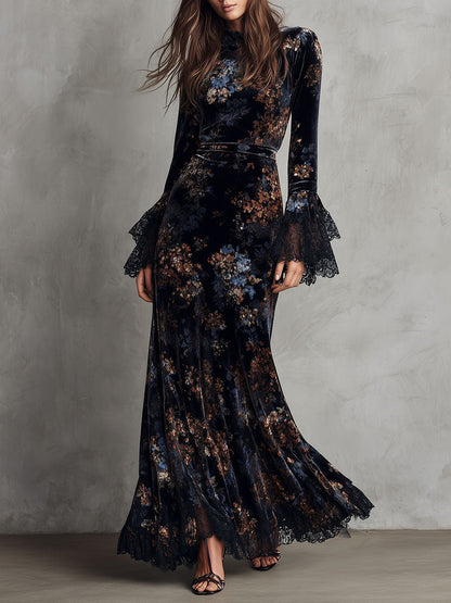 Vestido largo de terciopelo con estampado floral de medianoche, de caída fluida, con mangas campana con ribete de encaje