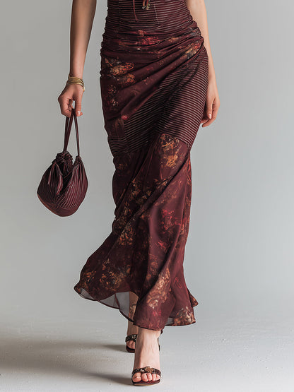 Vestido maxi de tirantes retro a rayas con flores en paneles