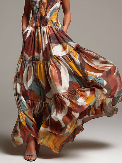 Vestido maxi bohemio con cuerpo fruncido y estampado abstracto multicolor