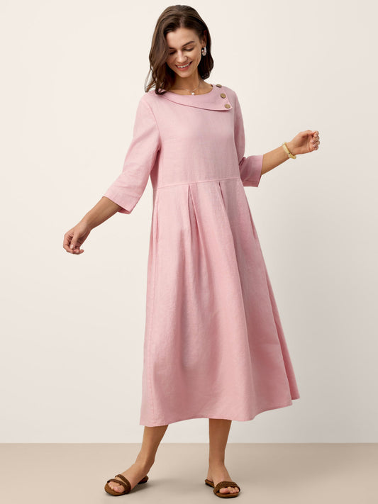 Vestido de Lino 100% Cuello Media Luna con Botones