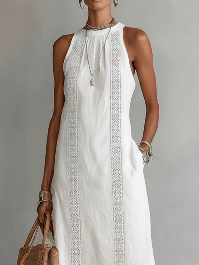 Janina - Vestido Midi De Lino Con Cuello Mao
