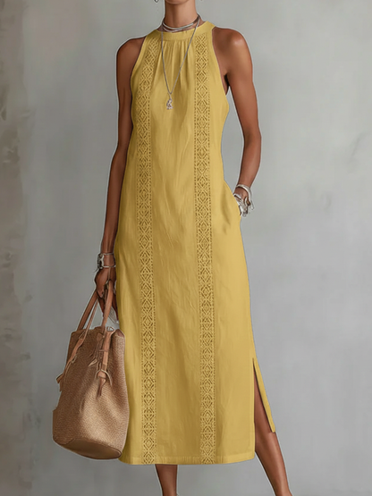 Janina - Vestido Midi De Lino Con Cuello Mao